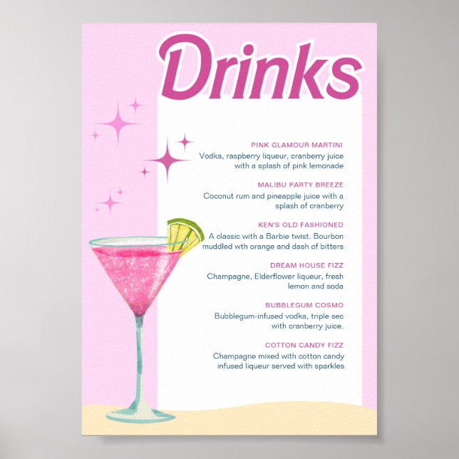 Poster Pink Party Bachelorette Cocktail Menu (Devant)