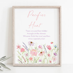 Poster Pink Pastel Baby shower Fleur sauvage Pacifier jeu