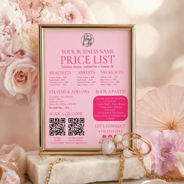 Poster Pink Permanent Jewelry Price List QR code Menu (Pink Permanent Jewelry Price List QR code Menu Poster)