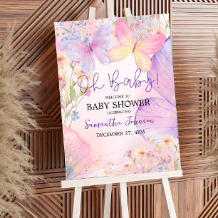 Poster Pink Purple Floral Oh Baby Butterfly Baby shower