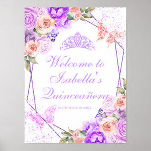 Poster Pink & Purple Floral Quinceanera Welcome Sign