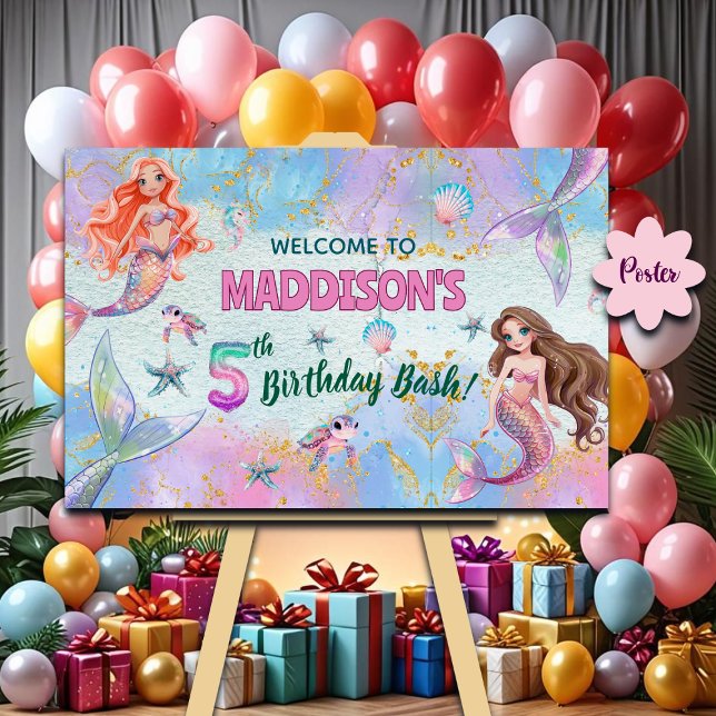 Poster Pink Purple Glitter Mermaids 5th Birthday Welcome  (Créateur téléchargé)