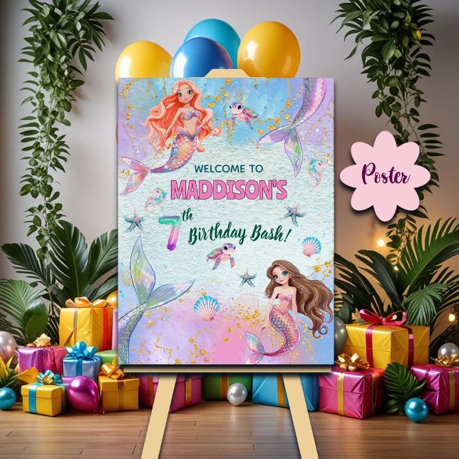 Poster Pink Purple Glitter Mermaids 7th Birthday Welcome (Créateur téléchargé)