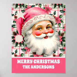 Poster Pink Retro Santa Claus Noël Floral Plaid