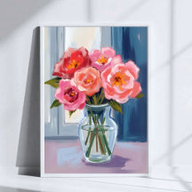 Pink Rose Bouquet Glass Vase Romantic Floral
