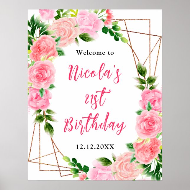 Poster Pink Roses with Foliage Birthday Welcome (Devant)