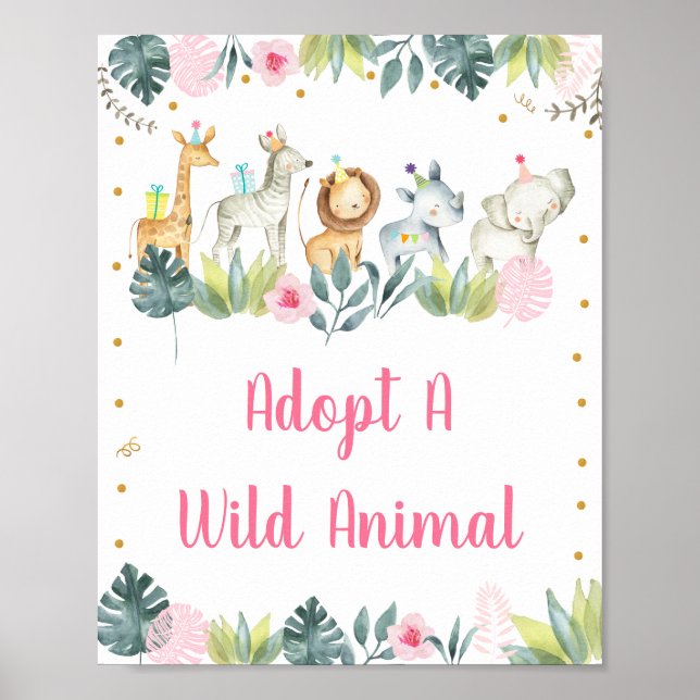 Poster Pink Safari Jungle Adopter Un Anniversaire Animal (Devant)