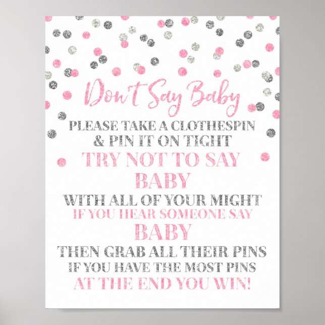 Poster Pink Silver Confetti Ne pas dire Baby Game Sign (Devant)