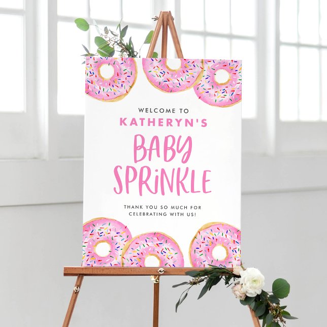 Poster Pink Sprinkle Donuts Baby Sprinkl Bienvenue (Watercolor Pink Sprinkle Donut Baby Sprinkle Welcome Sign – Customizable Baby Shower Decor)