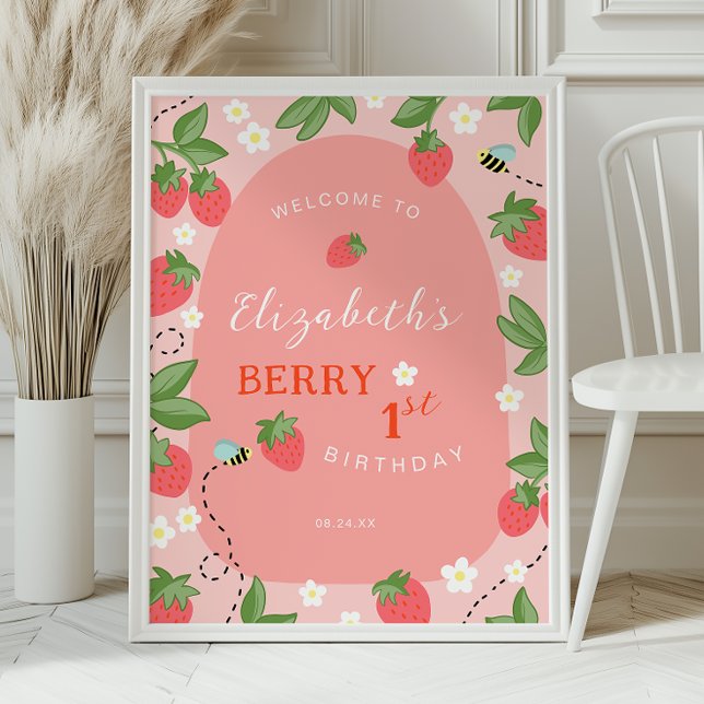 Poster Pink Strawberry Berry First Birthday Welcome (Créateur téléchargé)