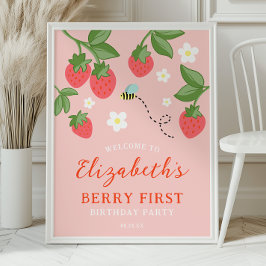 Poster Pink Strawberry Berry First Birthday Welcome
