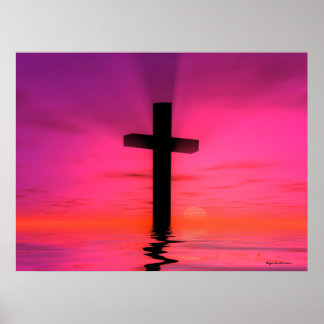 Poster Pink Sunset Christian Cross Art
