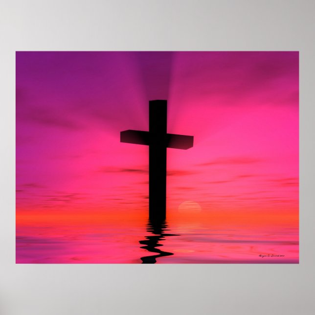 Poster Pink Sunset Christian Cross Art (Devant)