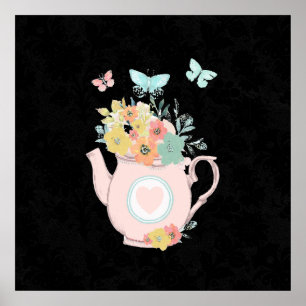 Poster Pink Teapot with Flowers & Butterflies