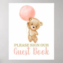 Poster Pink Teddy Bear Baby shower Girl Signaler livre d'