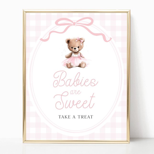 Poster Pink Tutu Teddy Bear Baby Shower Sweets Table Sign (Créateur téléchargé)