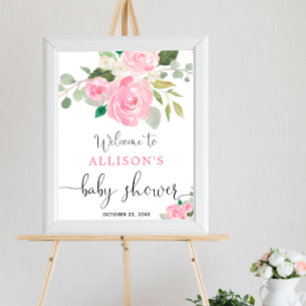 Poster Pink vert floral fille baby shower signe de bienve