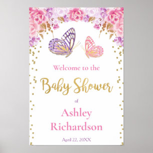 Poster Pink violet or baby shower papillon bienvenue