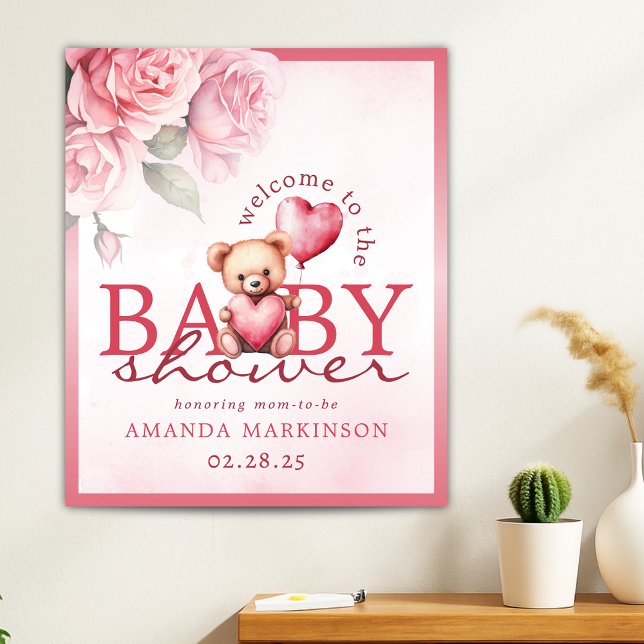 Poster Pink Watercolor Teddy Bear Baby Shower Welcome (Créateur téléchargé)
