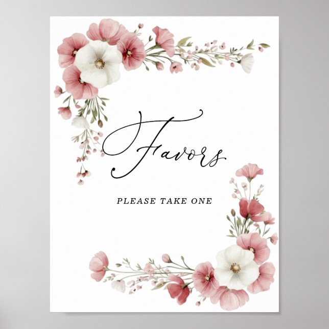 Poster Pink Wild Flowers Bridal Shower Favors Sign (Devant)