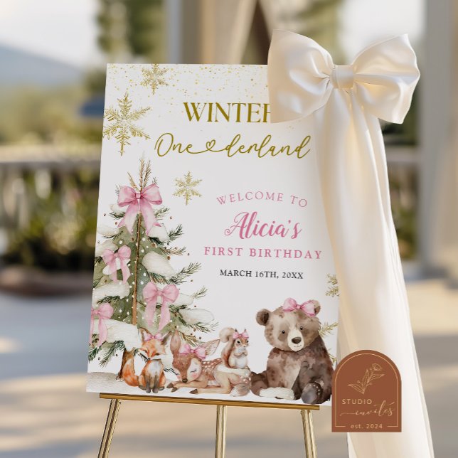 Poster Pink winter onederland woodland welcome sign (Créateur téléchargé)