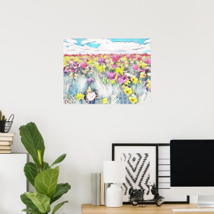 Poster Pink Yellow Field of Tulips Retro Drawing  