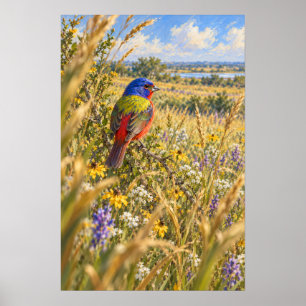 Poster Pinson peint parmi les fleurs sauvages du sud du T