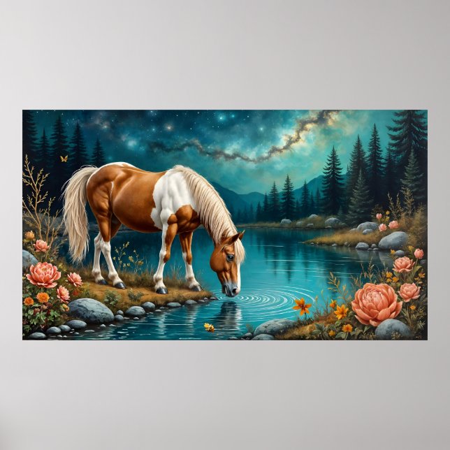 Poster Pinto drinking water under the stars (Devant)