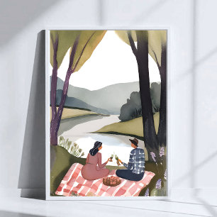 Poster Pique-nique au bord du lac   Peinture aquarelle de