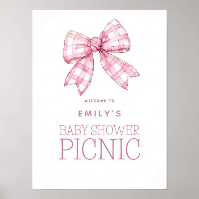 Poster Pique-nique Pink En vichy Bow Bienvenue Baby showe (Devant)