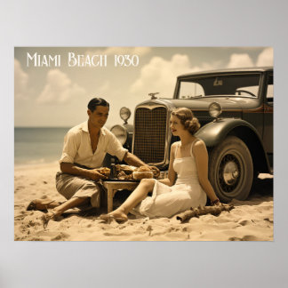 Poster Pique-nique rétro des années 1930 sur la plage par
