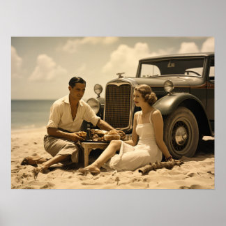 Poster Pique-nique rétro des années 1930 sur la plage par