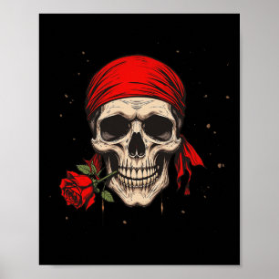 Poster Pirate Crâne Et Crossbones Fleur Rouge À La Main P