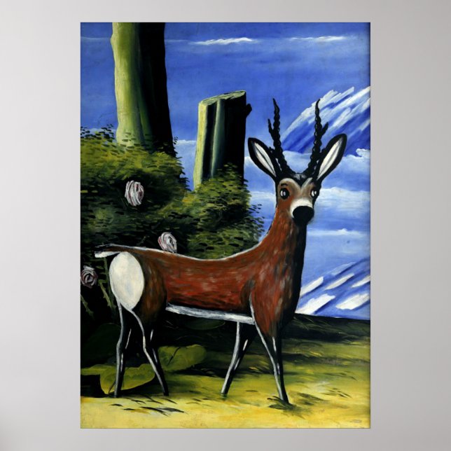 Poster Pirosmani - Roe Deer avec un Arrière - plan paysag (Devant)
