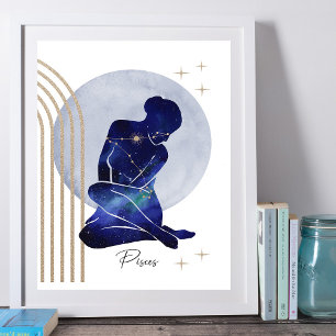 Poster Pisces Feminine Blue Gold Zodiac Design