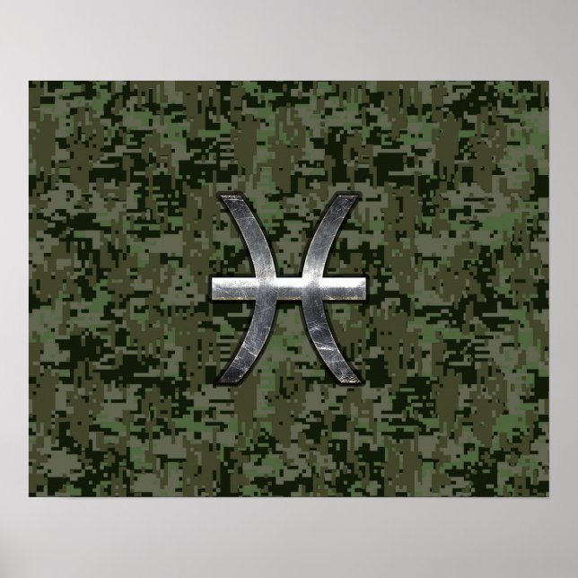 Poster Pisces Zodiac Sign on Woodland Camouflage numériqu (Devant)
