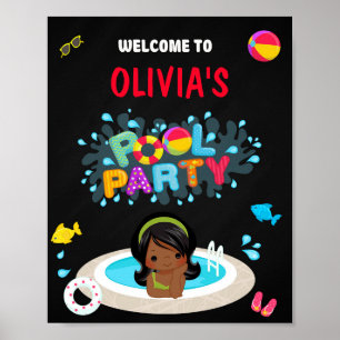 Poster Piscine bienvenue signe Fête Fille plage d'eau amu