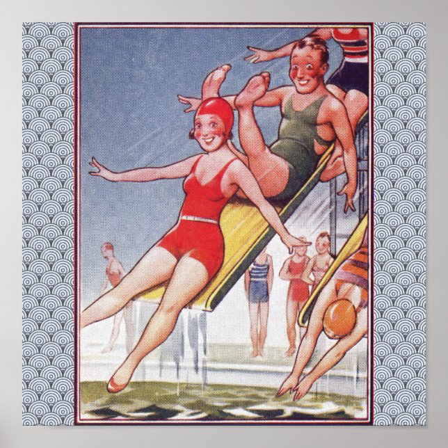Poster Piscine Fête Nage Vintage Été (Devant)