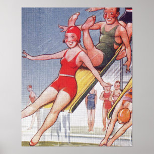 Poster Piscine Fête Nage Vintage Été