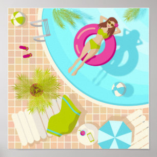 Poster Piscine fille en bikini plage d'été