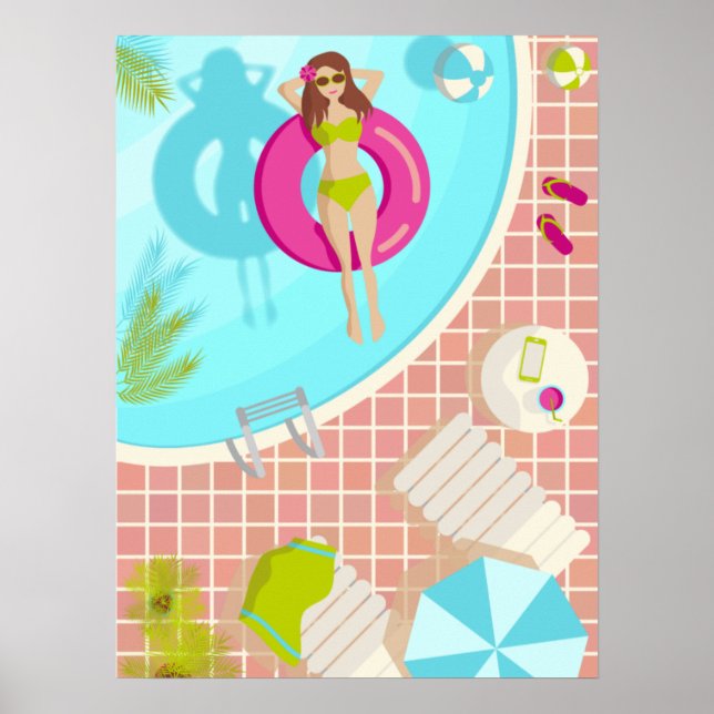 Poster Piscine fille en bikini plage d'été (Devant)
