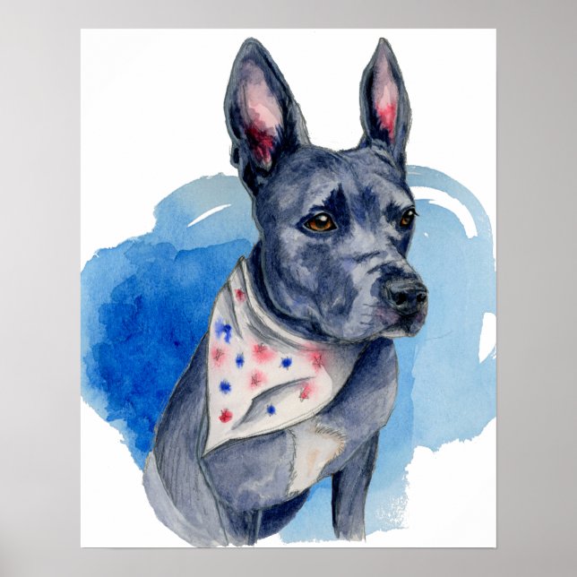 Poster Pit Bull Chien Blue Aquarelle Peinture (Devant)