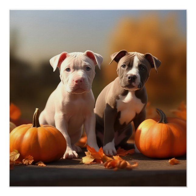 Poster Pitbull Chiot Automne Citrouille de plaisir (Devant)