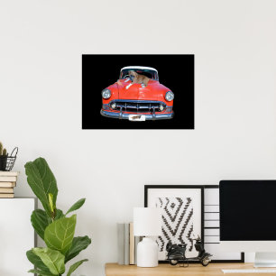 Poster Pitbull Puppy Sur Une Voiture Rouge Classique,