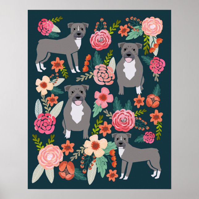 Poster Pitbull Terrier Floral Chien Art (Devant)