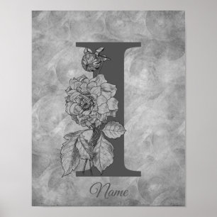 Poster Pivoine Élégant Monogramme Initial I Personnalisé