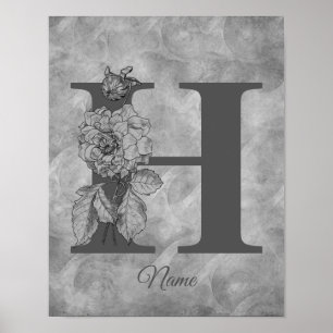 Poster Pivoine Élégant Monogramme Initiale H Personnalisé