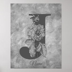 Poster Pivoine Élégant Monogramme Initiale J Personnalisé