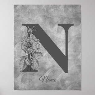 Poster Pivoine Élégant Monogramme Initiale N Personnalisé