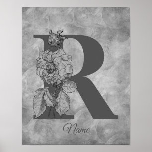 Poster Pivoine Élégant Monogramme Initiale R Personnalisé